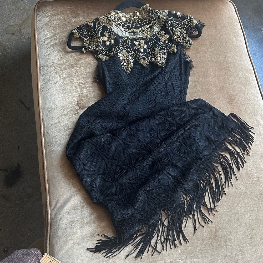 Lined Lace fabric  Rayon Mix Cocktail Party Little Black dress Fringes hem - Picture 8 of 16
